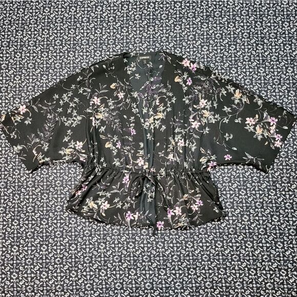 Express Tops - NWOT Express Black & Pink Floral Tie Waist Wrap Kimono Chic Classy Dressy Blouse